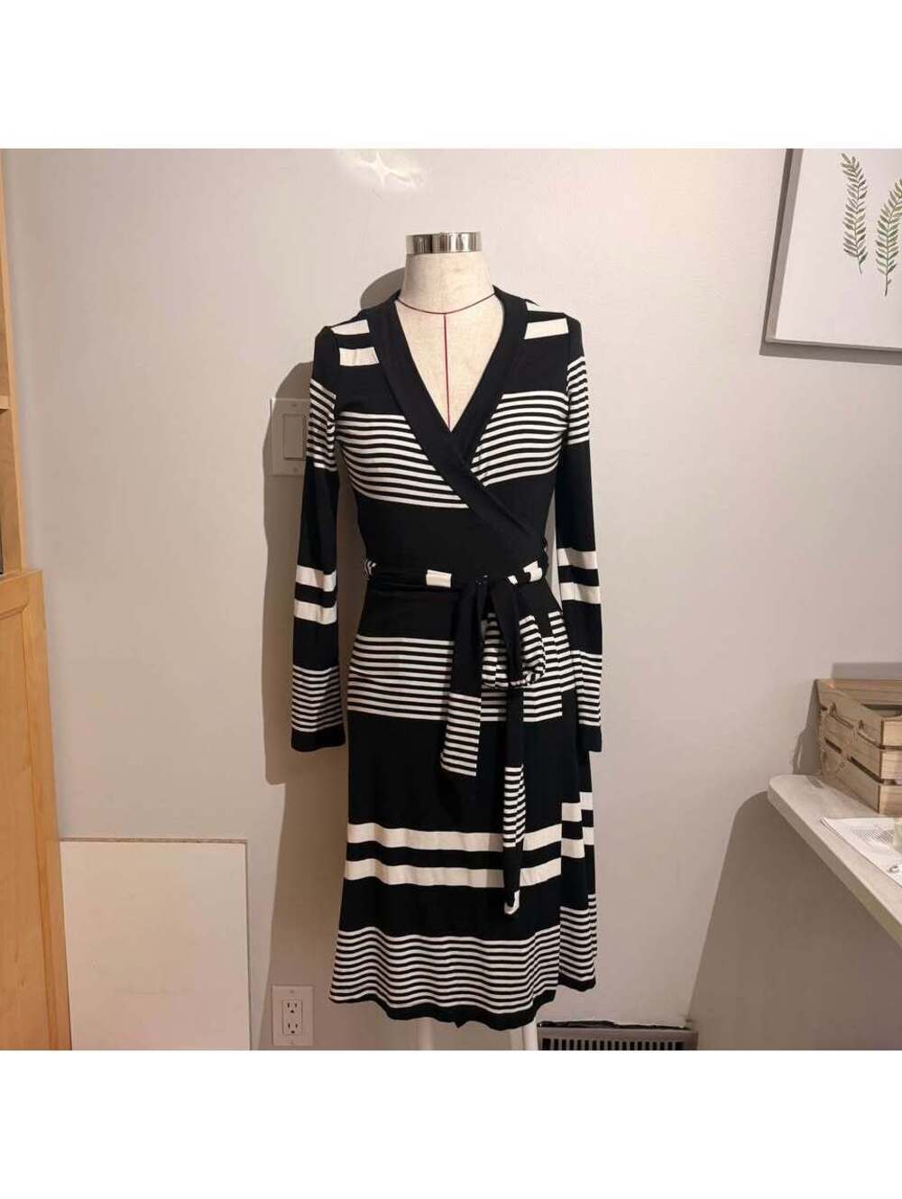Banana Republic Black and White Striped Wrap Dress Women's S